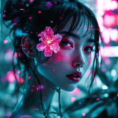 The primary subject of the image is a woman with a flower in her hair. She is wearing a pink flower and has a pink lipstick on. The setting is a dark room with a pink background, creating a moody atmosphere. The visual style is a digital art, with the woman's face and the flower being the main focus of the image. The colors and mood of the image are predominantly pink, giving it a feminine and elegant appearance.